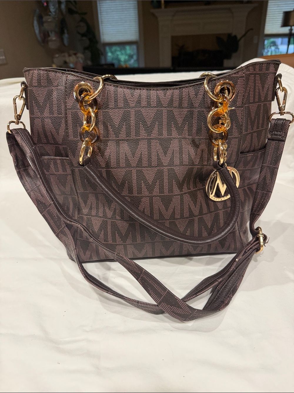 Monogram Brown Tote with Gold Chain Accents